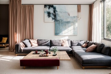 Bountiful living area with blue sectional sofa and extensive abstract art 