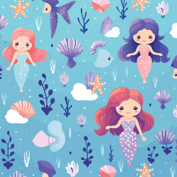 Cute mermaids and seashells pattern illustration 