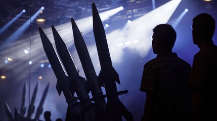 silhouette of missile prototypes on display at a weapons expo, with attendees examining the weaponry under harsh spotlights

 - obrazy, fototapety, plakaty