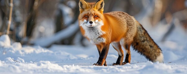 Obraz premium red fox with fluffy fur on snow ground