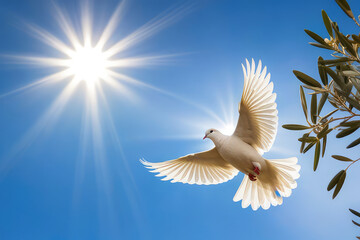 White dove flying on blue sky soaring in the rays of light. Spirit of god, symbol of peace and love. Generative AI
