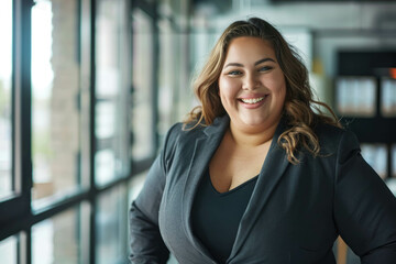 Portrait of A Smiling Chubby Latina Businesswoman In Her Office. Full-Figured Latina Businesswoman. Chubby Latina CEO And Entrepreneur Woman - obrazy, fototapety, plakaty