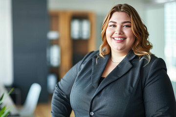 Obraz premium Portrait of A Smiling Chubby Businesswoman In Her Office. Full-Figured Businesswoman. Chubby CEO And Entrepreneur Woman