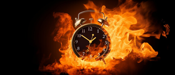 A clock ablaze, time passing swiftly as fire burns.