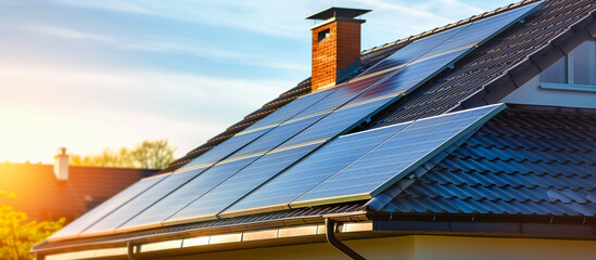 Obraz premium modern sustainable House with Solar Panels on Roof Providing Renewable Energy Source in the residential area concept
