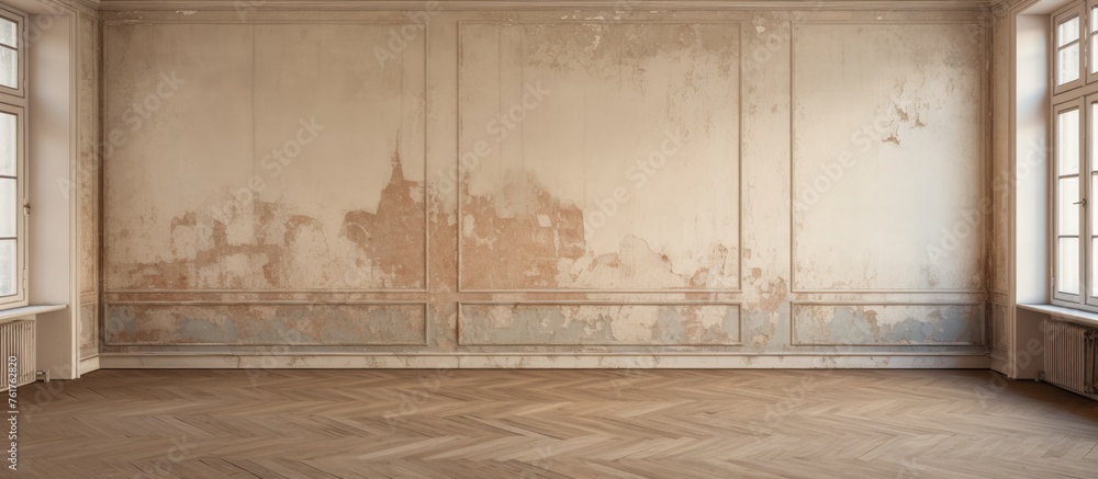 Sticker An empty room with hardwood flooring and a wall displaying peeling paint, creating a visual art piece with tints and shades in a rectangular horizon