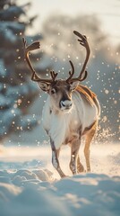 Reindeer running in snowy field under sky