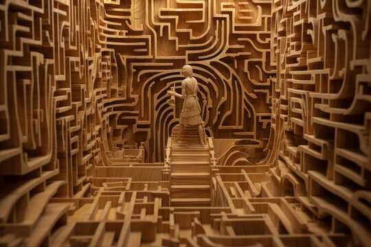 Disoriented Lost man in wooden tangled maze. Confused disoriented guy in the middle of labyrinth. Generate ai