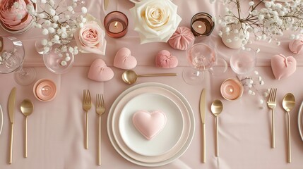 Beautiful romantic table setting for date with hearts and pink flowers. Modern light home interior, white and pink roses, holiday decorations, sunlight. Generative ai