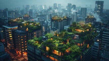 Green roof installation on sustainable building. Urban rooftop garden in the heart of the city. Urban farming and sustainable agriculture concept. Generative ai