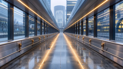 Symmetry and light define this modern walkway leading towards an urban cityscape.
