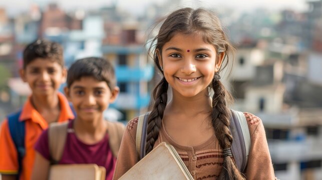 Indian tennagers school girls and boys students holding books on the city background. Back to school, Education concept. Generative ai