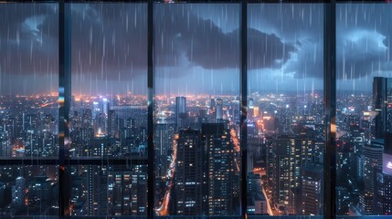 Rain drops on window with cityscape at night