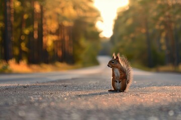 Naklejka na ściany i meble Squirrel standing on the road near forest. Road hazards, wildlife and transport.