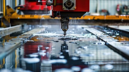 Waterjet Cutting. Machine using water pressure to cut through stainless steel materials --ar 16:9 Job ID: 4575ffd1-f742-4297-8eb2-416d70a99b83