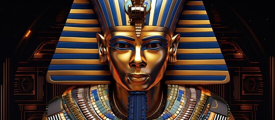 A closeup of a pharaoh statue in a temple, wearing a majestic blue and gold hat as a fashion accessory. The detailed art and symmetry of the metal sculpture are captured in macro photography - obrazy, fototapety, plakaty
