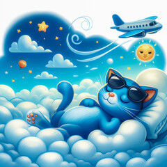 A young playful blue cat rests on a cloud and an airplane flies in the background