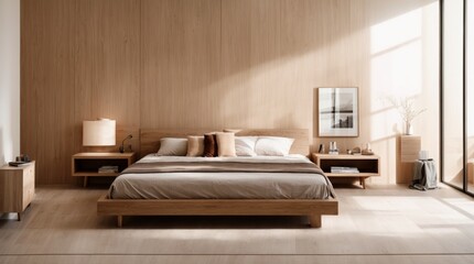 Classy Bedroom Wooden Bed Neutral Shades Illumination 