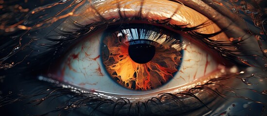 Macro photography capturing a close up of an eye with fiery reflection, surrounded by eyelashes and a circle of wood, creating a mesmerizing art piece