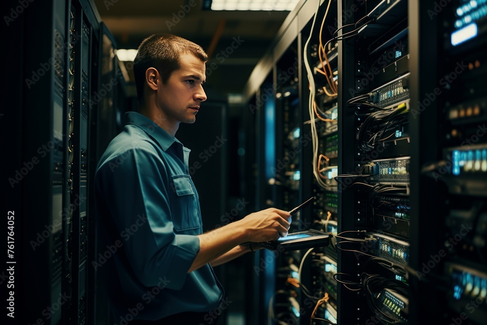 Poster efficient man data center server. network security. generate ai