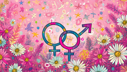 Gender symbols (two men and woman) with pink and some colorful flowers background