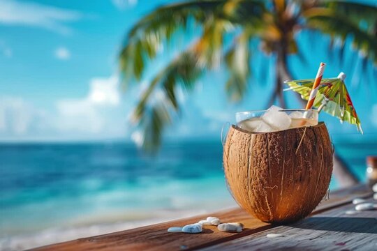 Cocktail in a coconut with straws and decor on the table, the ocean and a palm tree are in the background