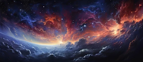 Poster An artwork depicting a vibrant space scene with swirling clouds and twinkling stars, capturing the beauty of an astronomical world in a colorful landscape © 2rogan