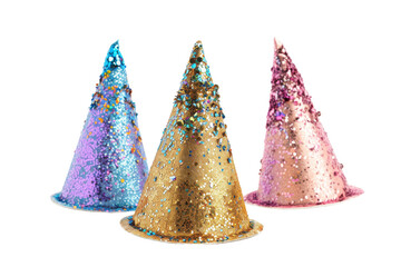 Three vibrant party hats in different colors are displayed against a crisp white background