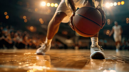 Fototapeta premium Basketball player is holding basketball ball on a court, close up photo