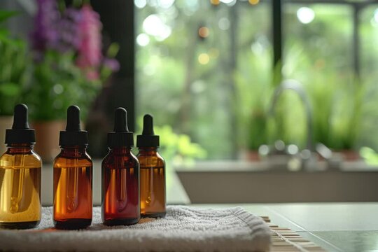 Bottles on the background of the spa room. Skin care serum or natural cosmetics with essential oil. face and body beauty concept. Spa concept. Place for text. 
