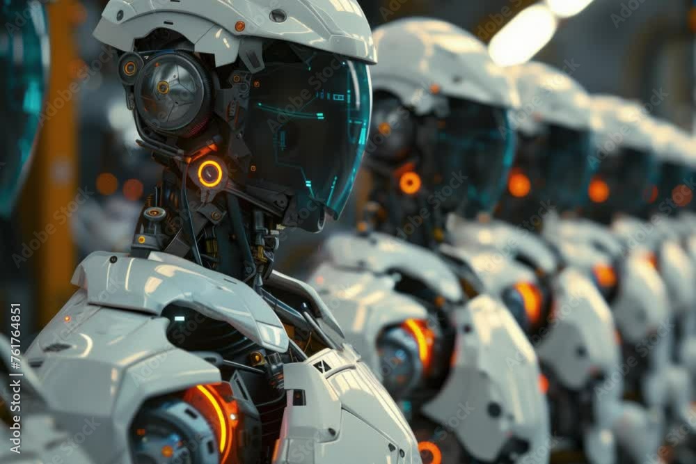 Poster 3d rendering of leader human robot portraits with robotics army, industrial group of cyborg machines