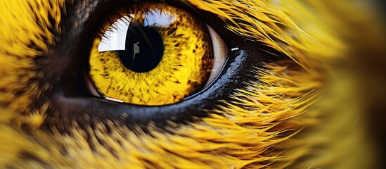 A closeup of the eye of a yellow bird, an organ that is crucial for the organisms vision and serves as a pollinator. The bright yellow iris and delicate eyelashes are observed in detail