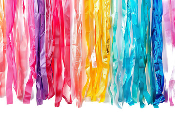 A myriad of colorful streamers cascades down from the ceiling, creating a lively and festive atmosphere