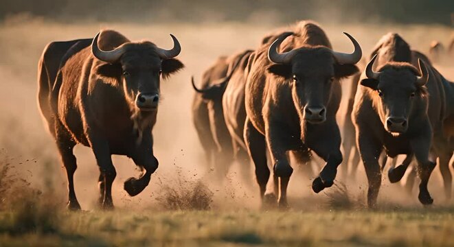 Buffalo herd running.