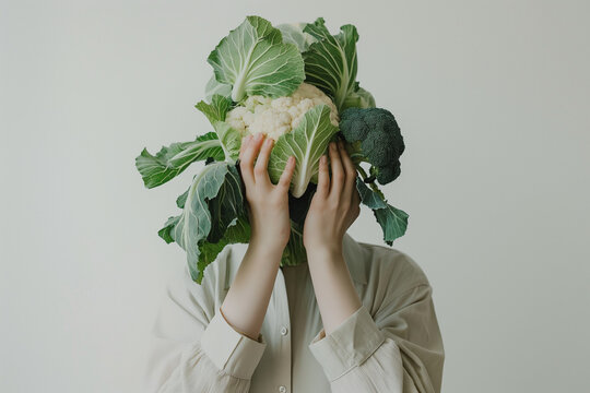woman holding broccoli and cauliflower in hends in scandinavian interior