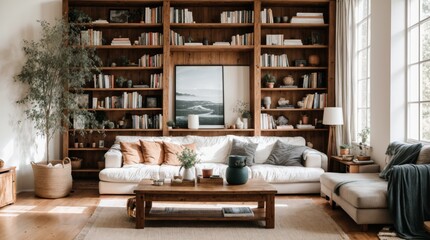 Cozy reading nook with bookshelf, comfy seating, and natural light 