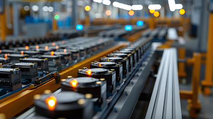 Obraz premium Mass production assembly line of electric vehicle battery cells close-up view