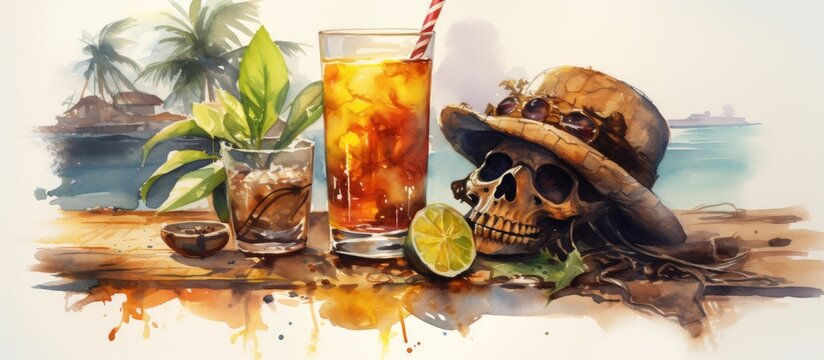 A skull wearing a hat is depicted next to a glass of drink in a painting. The artwork combines elements of art, food, and liquid in a unique and intriguing composition