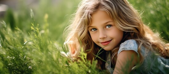 A little girl with long hair is lying in the grass, gazing at the camera with a big smile on her face. Her eyelashes frame her happy eyes in the natural landscape of a meadow
