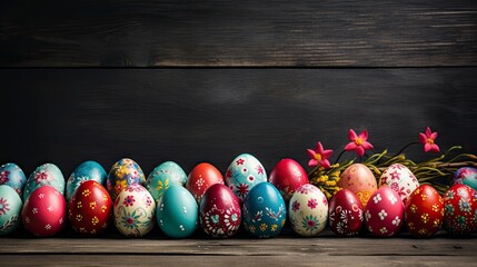 Easter eggs on wooden background - generative ai