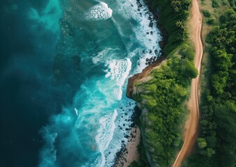 Nature's Palette: Shoreline Aerial - A breathtaking drone view captures where the lush tropical foliage fringes the crystal-clear turquoise waters of an undisturbed beach