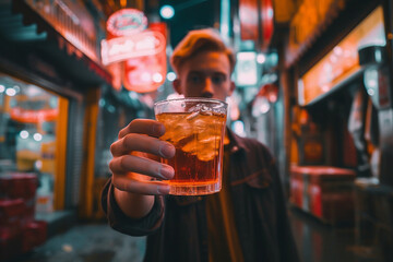 Person holding a drink with ice in a cup, neon lights behind. - obrazy, fototapety, plakaty