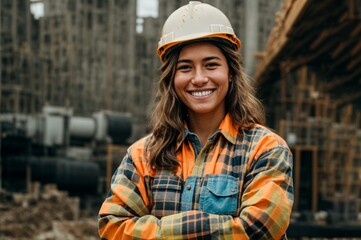 Delighted Laborer Hard Hat Checked Shirt Building Site 