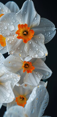 Close up of narcissus flower, with water drops on petals.Minimal creative spring nature concept