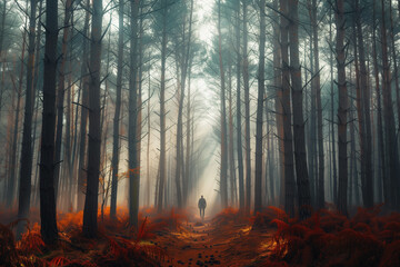 Walking through the misty forest.Minimal creative sun rays nature concept.