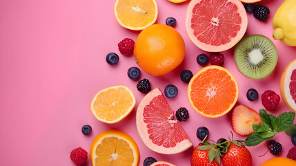 Fruity background, wallpaper full of fruits, berry background - obrazy, fototapety, plakaty