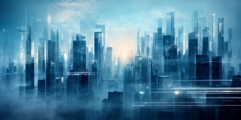 Dynamic digital art style of futuristic urban city skyline 