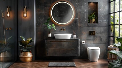 a compact luxury customer bathroom, featuring dark slate tiles, a refined vanity unit, and modern toilet, with an elegantly lit mirror exuding depth and opulence.