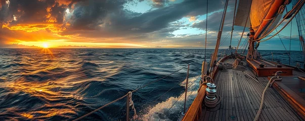 Foto op Plexiglas scenic view of sailboat with wooden deck and mast with rope floating on rippling dark sea against cloudy sunset sky © Coosh448