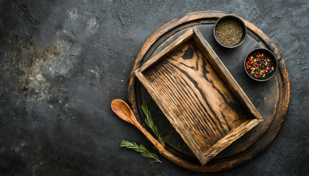wooden textured rustic trayon textured stone background with herbs and wooden spoon. copy space for product or text